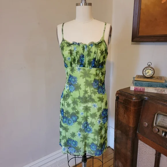 Vintage Y2k Green Tropical Mesh Dress 2000s Millenium Medium - Picture 1 of 7